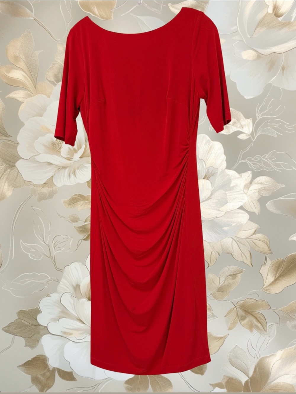 Vince Camuto Red Draped Midi Dress, Soft, Stretchy Draping across stomach, Sz 8